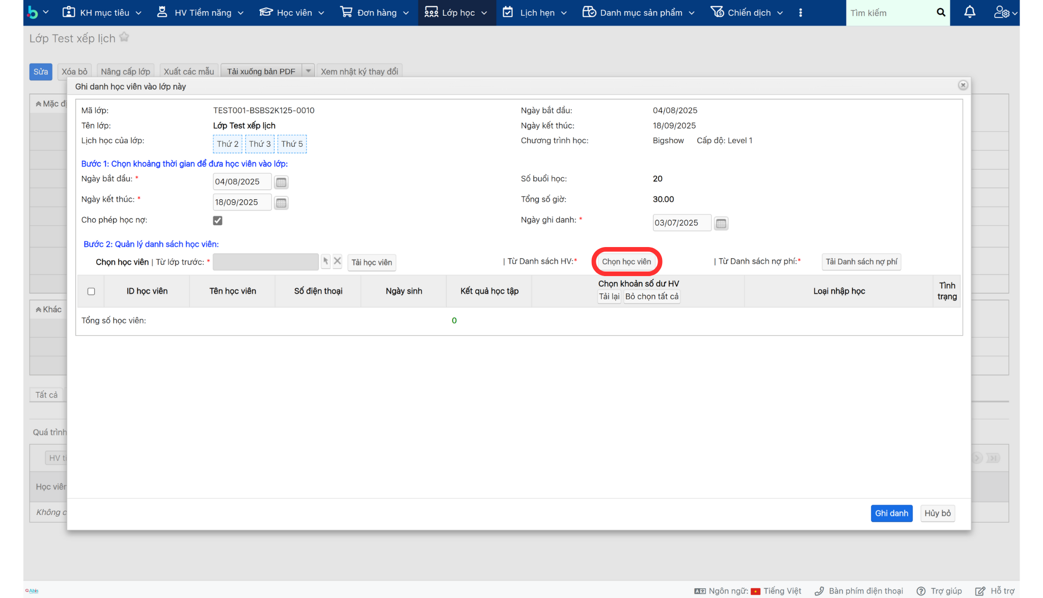 Bước 3 ghi danh Học viên