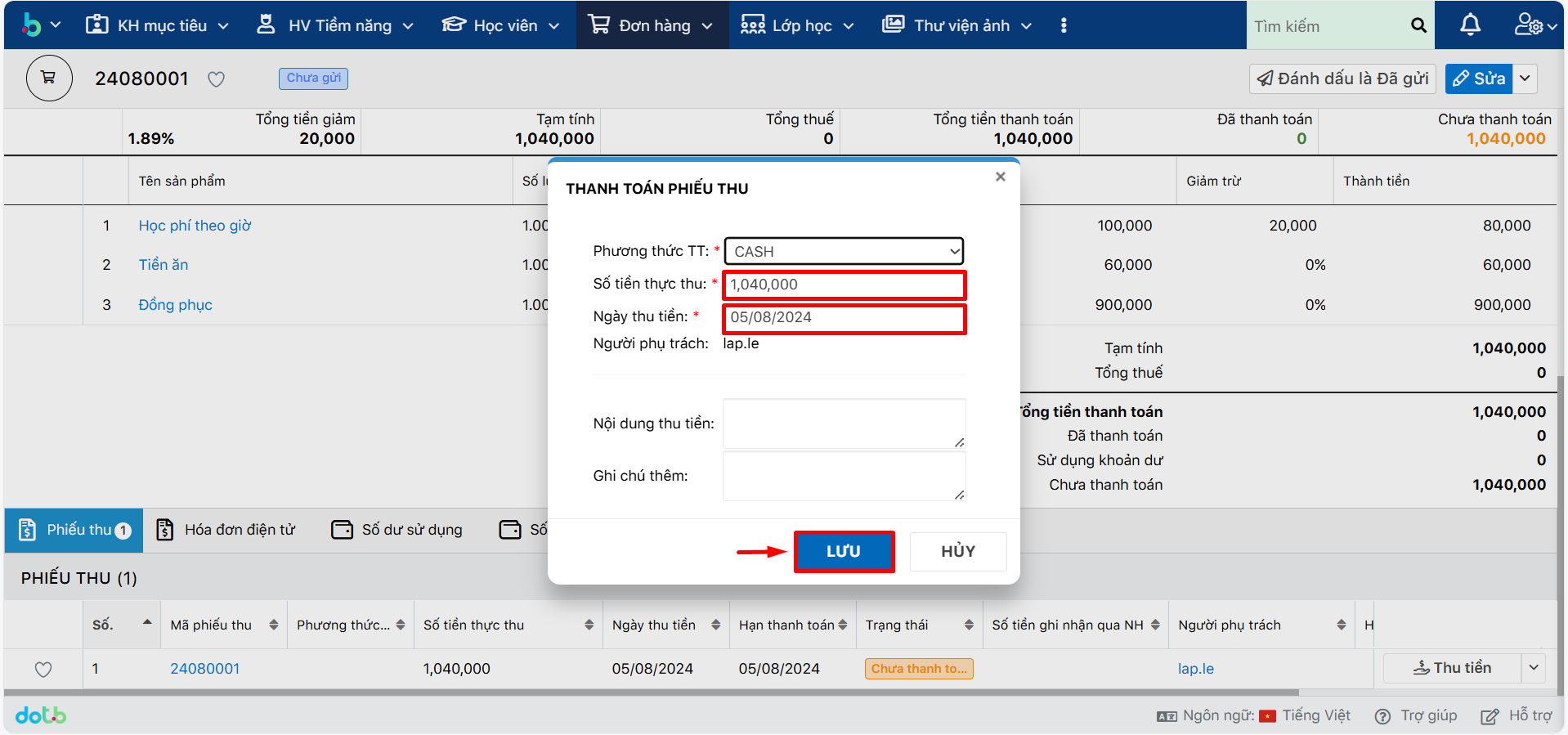 Bước 3 thu tiền mặt