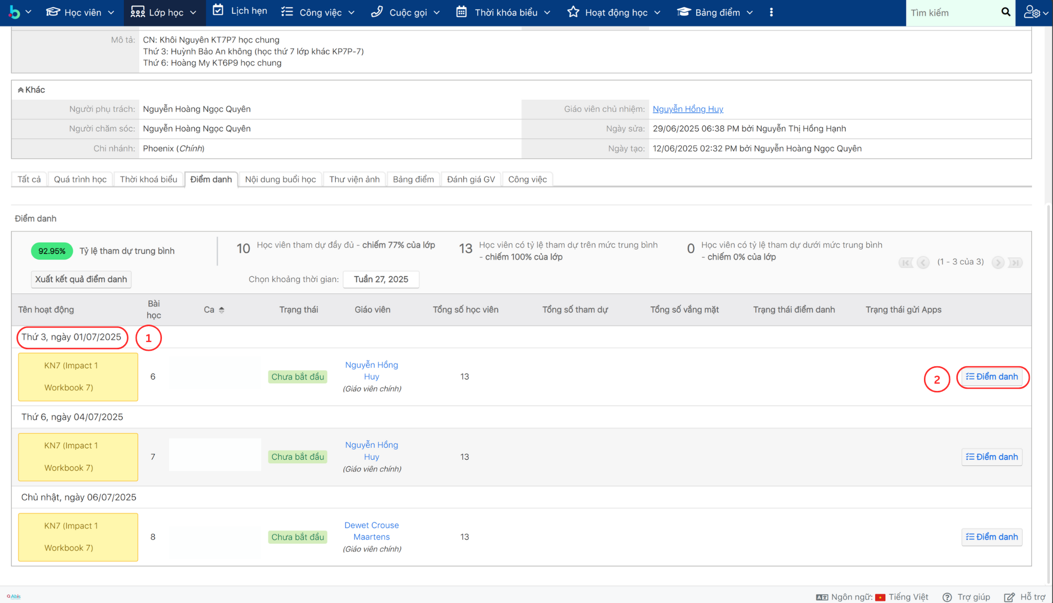 Bước 3 điểm danh lớp học