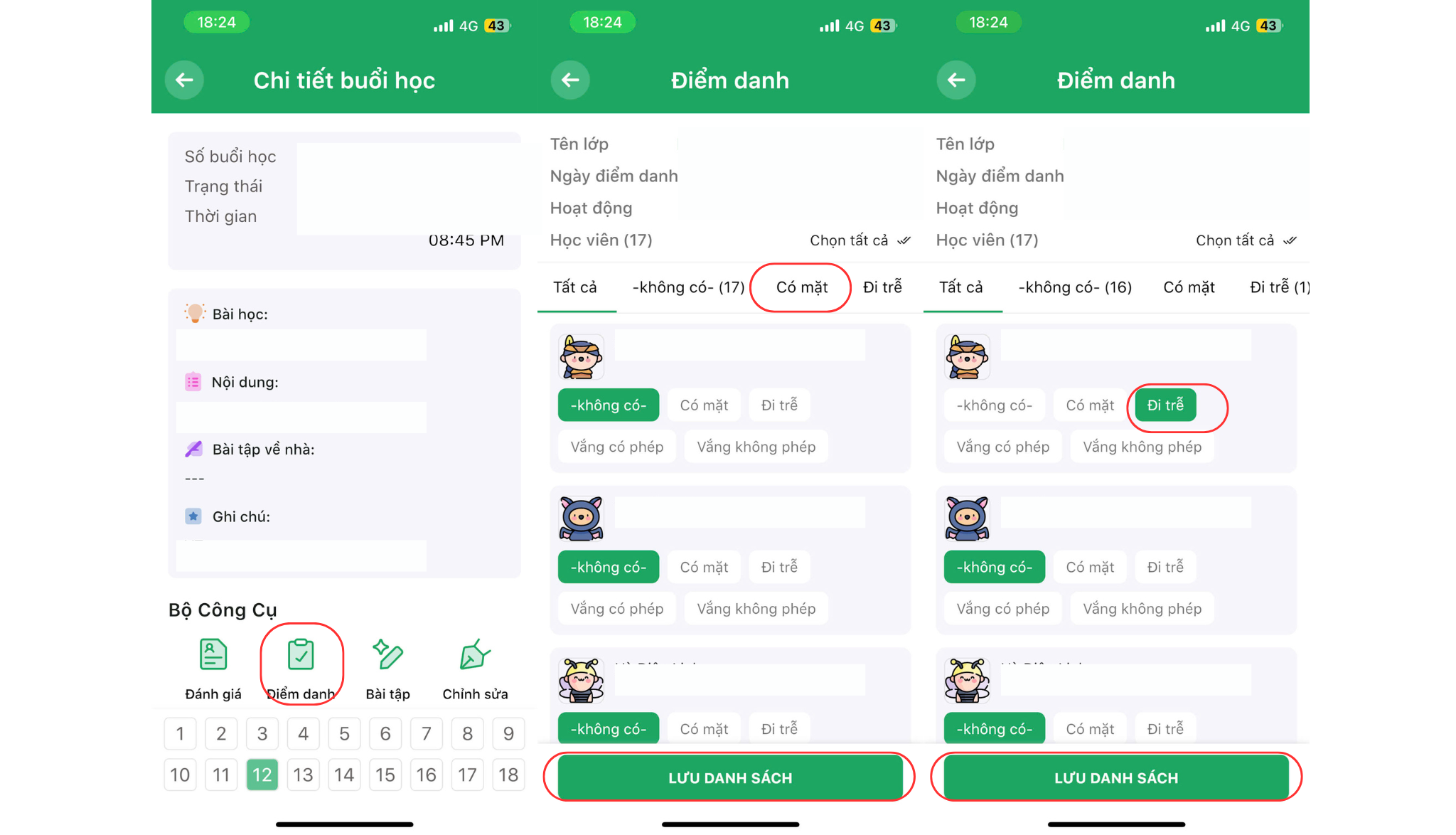 Bước 2 điểm danh lớp học qua App